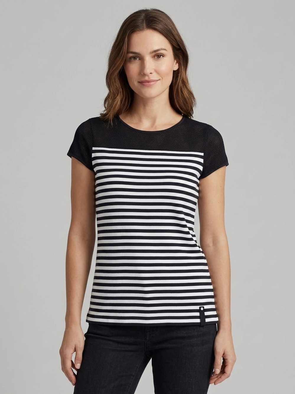 LAUREN Active Ralph Lauren Striped Mesh Yoke Short Sleeve Tee Top Paris chic